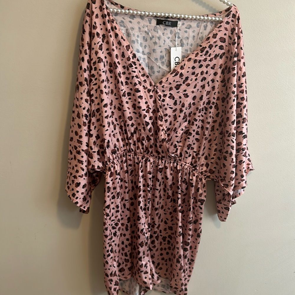 NEW CBR Women's Romper XL Leopard Print Pink Kimono Sleeve Elastic Waist V-Neck
